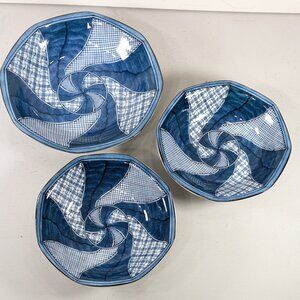 Set of 3 Japanese Shonzui Aritaware ceramic dishes, Blue on white pinwheel bowls